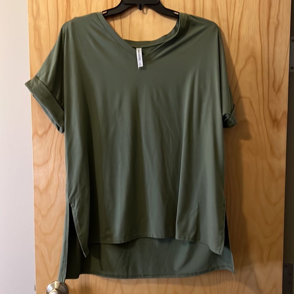 Olive green v neck short (cuffed) sleeve tee shorter in front by 2 1/2”